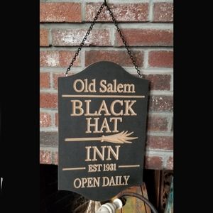 Black Hat Inn Salem Ma Mass Massachusetts hanging Sign Happy Halloween